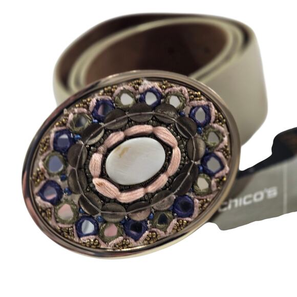 Chicos Belt Gold Leather Pink Purple Mirrored Shell Beaded Buckle Size Small NEW main image 6